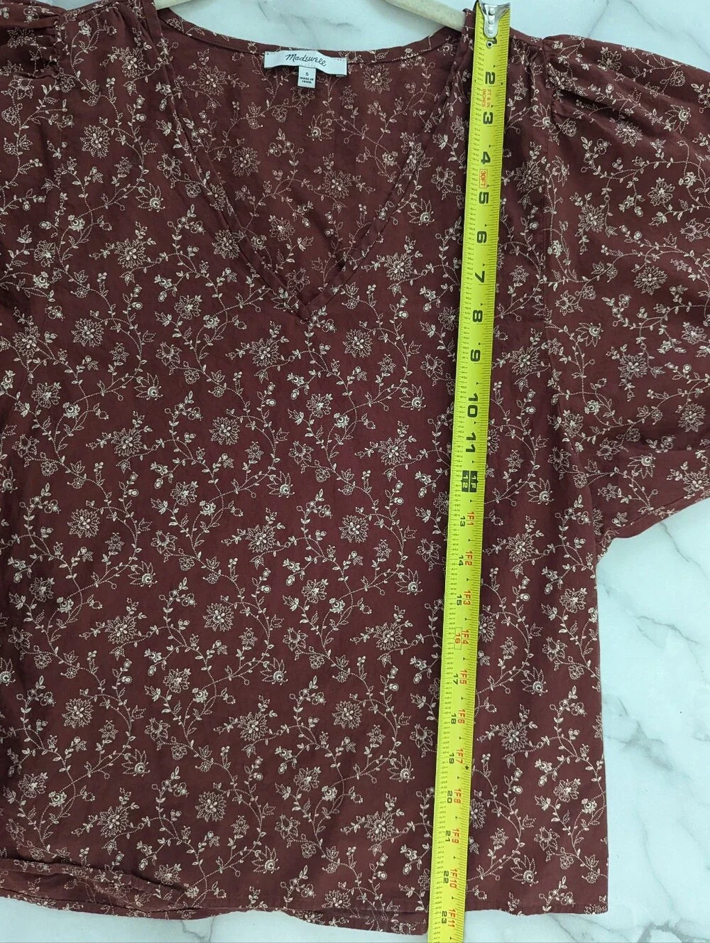 Madewell V Neck Puff Sleeve Floral Print Blouse Woven Burgundy Beige Small S